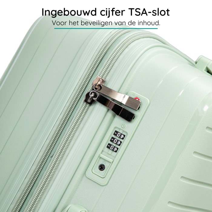 BlockTravel Palma PP reiskoffer met wielen L 98 tot 108 liter vergrootbaar met inbouw TSA cijferslot – mint groen